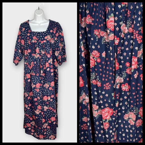 Only Necessities Womens Muumuu House Dress Medium 14/16 Blue Pink Floral Cotton - Picture 1 of 9